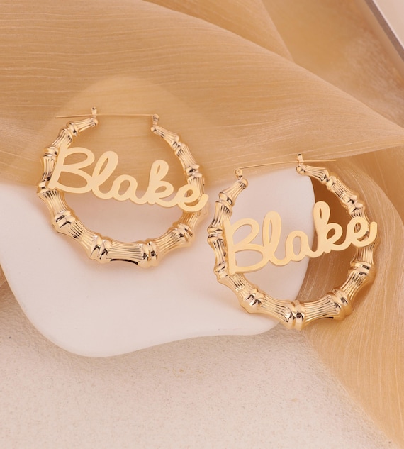 Gold Custom Bamboo Hoop Earrings Personalized Name Jewelry