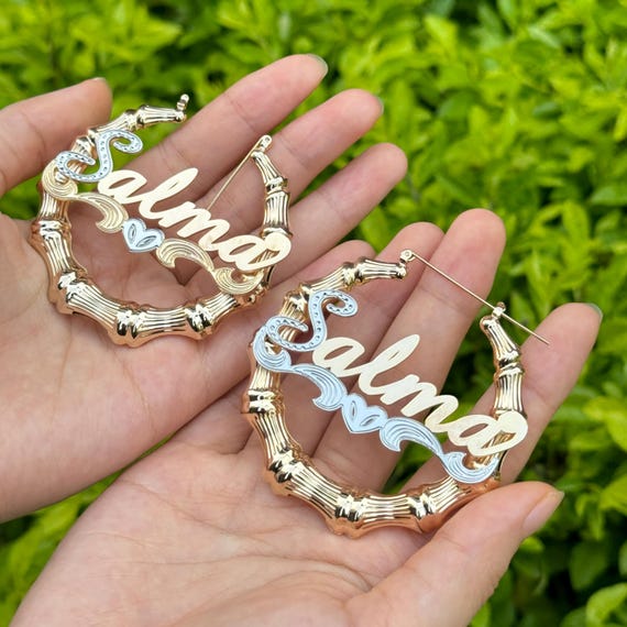 Name Bamboo Earrings Personalized Name Earring Custom Bamboo Hoops Name Earring Gold Nameplate Earrings Custom Jewelry Gift for Friend Etsy Canada