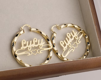 Custom Name Hoop Earrings, Gold Twist Bamboo Earrings, Personalized Jewelry