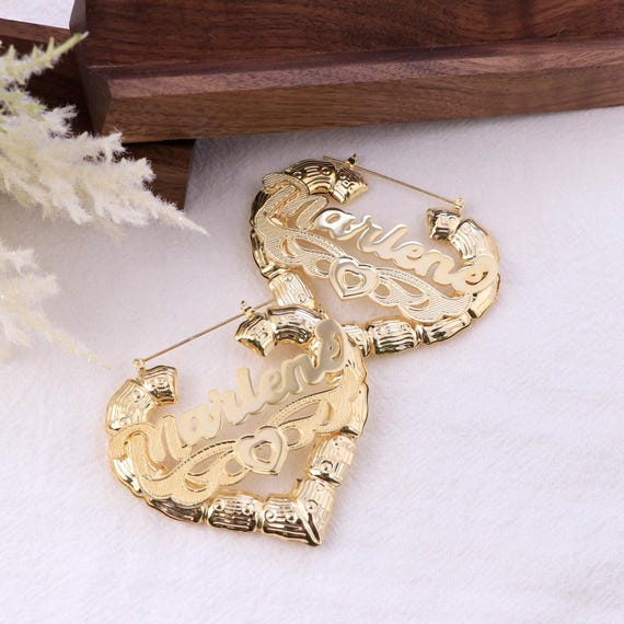 Custom Heart Bamboo Hoop Earrings: Personalized Name Jewelry