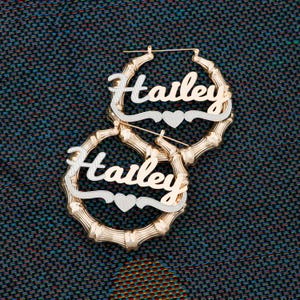 Hoop Bamboo Earrings, Handwritten Name Earrings, Custom Bamboo Earrings, Silver Hoop Earrings, Birthday Gift, Personalized Party Earrings