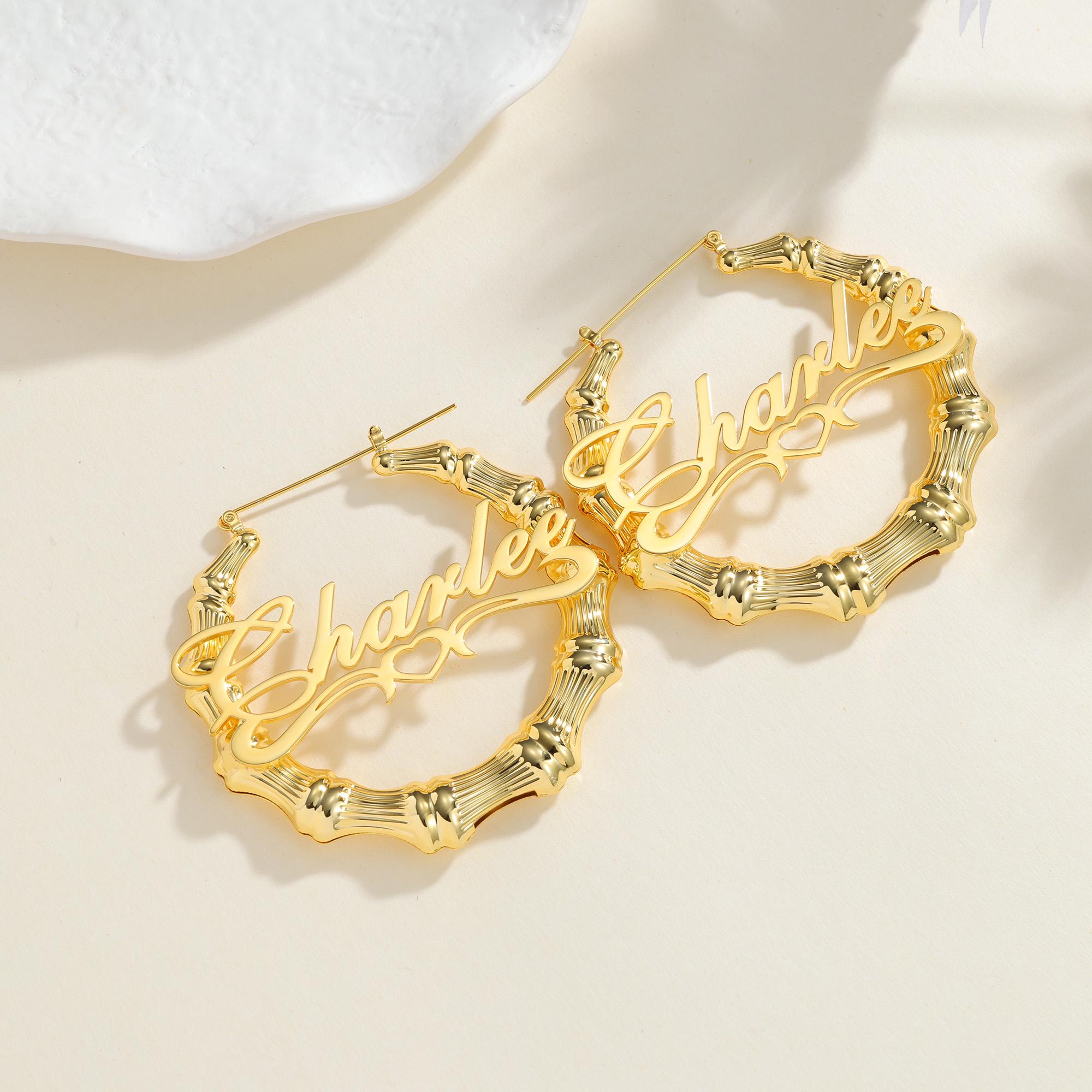Personalized Bamboo Hoop Earrings, Cursive Name Earrings
