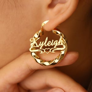 Custom Hoop Earrings, Name Hoop Earrings, Name Earrings, Bamboo Earrings, Personalized Name Earrings, Large Nameplate Hoops Gift