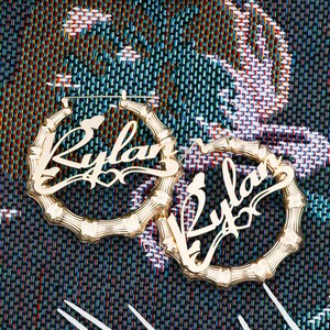 Personalized Hoop Earrings, Bamboo Earrings with Hearts, Name Jewelry, Everyday Affordable Jewelry for Women, Birthday Gifts for Her