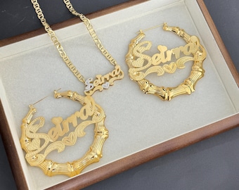Benutzerdefinierte Bambus Name Schmuck Set, personalisierte Halskette & Ohrringe