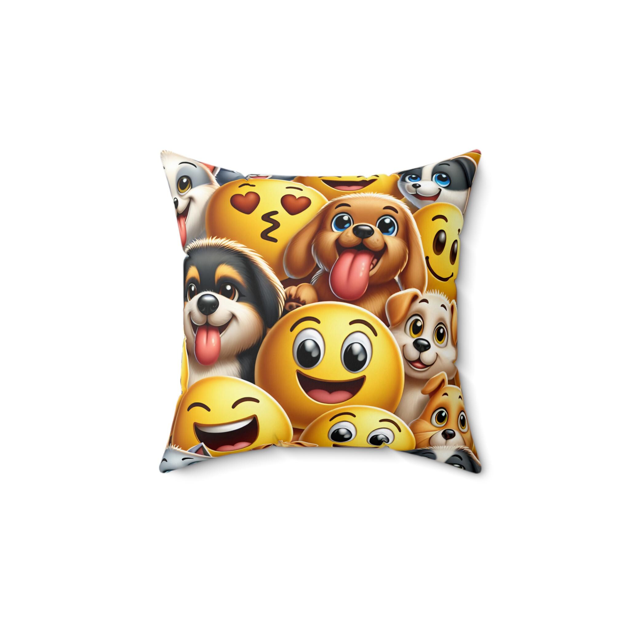 Cheerful Pets and Emojis Throw Pillow, Dog Cat Lover Home Decor