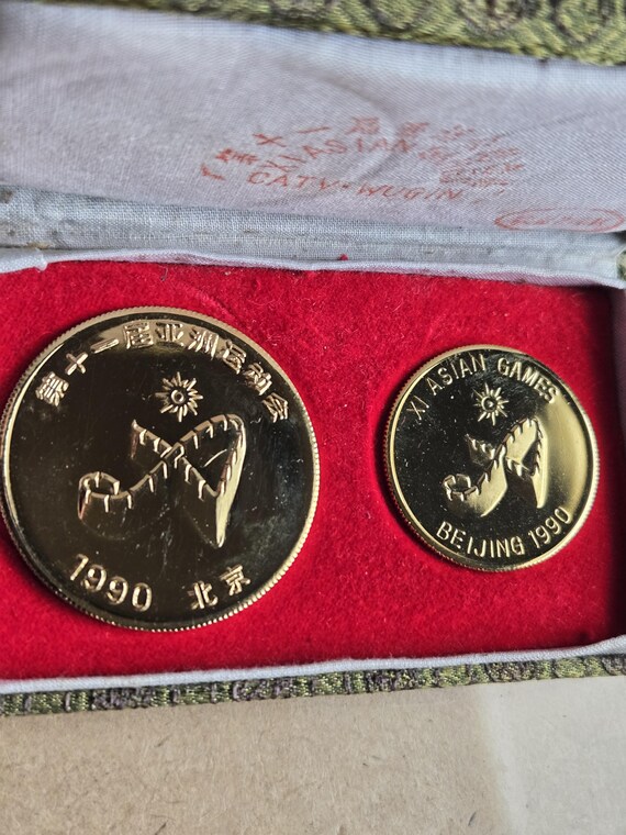 1990 XI Asian Games Beijing Pair Of 24K Gold Plated Medals In Original Case