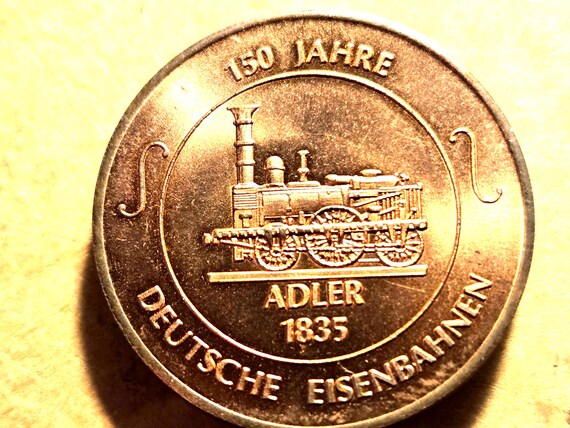 150 Year Celebration Medallion of German Railroads Image of Early Train Engine In Germany 34MM
