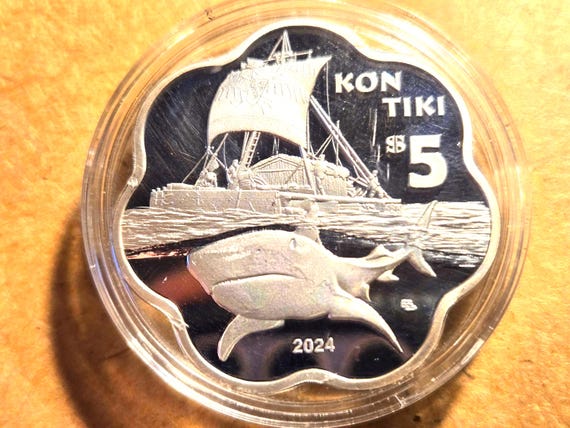 2024 French Polynesia Proof 5 Dollar Kon Tiki Sailing Ship Shark 40MM