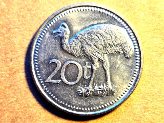 1995 Papua Guinea Unc. 20 Toca Dwarf Cassowary Bird Reverse 29MM