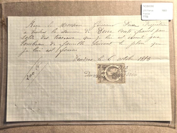1883 France 200 Francs- Bank Check Receipt-Balance For Work
