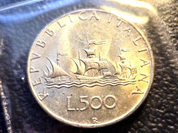 1990 Italy Silver 500 Lire Christopher Columbus' Ships 29MM