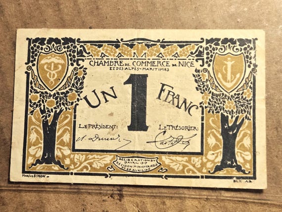 1917-1919 One Franc Nice France Banknote