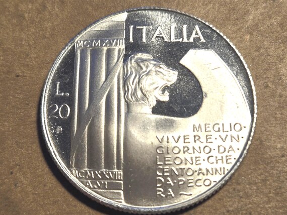 1928 Italy Proof Silvered Bronze 20 Lire Mussolini 30MM