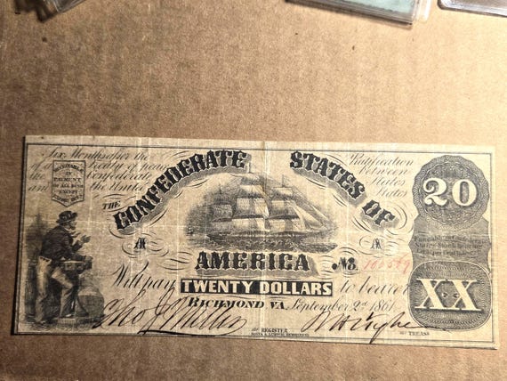 1861 Richmond Virginia Civil War Twenty Dollar Banknote