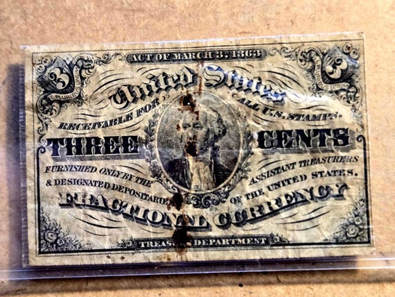 1863 3 Cent Fractional Banknote Burn Holes