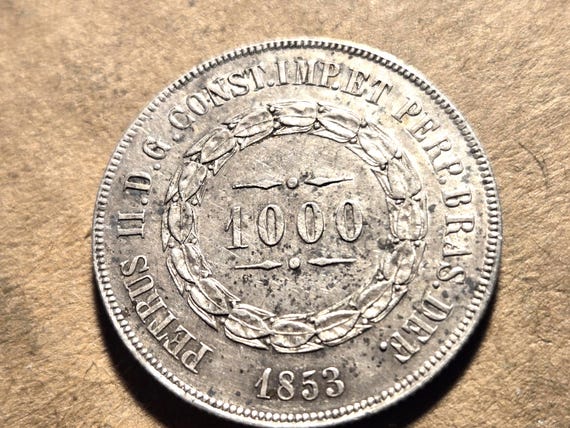1853 Brazil Silver 1000 Reis 30.3MM Melt Value 26.14