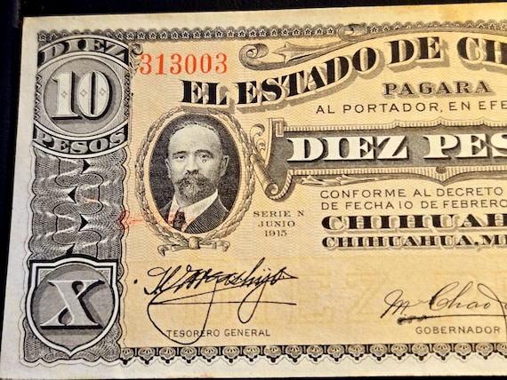 1915 10 Pesos Mexico Banknote Chihuahua