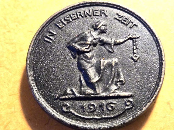 1916 WWI Germany Iron Medallion Kneeling Woman- "I Gave Gold For Defense, Iron I honored, Bring Your Gold Jewelry To The Gold Dealers" 40MM