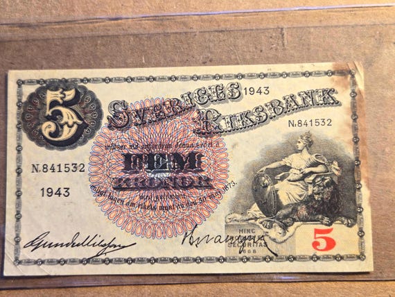 1943 Sweden 5 Sveriges Banknote
