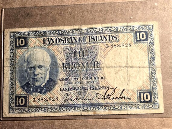 1928 Iceland 10 Kroner Banknote Creases Pinhole Center