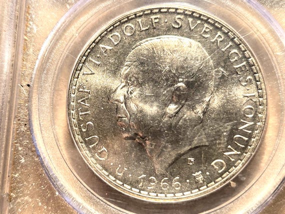 1966U Sweden Silver(.400) 5 Kronur PCGS Certified 34MM 18.57 Melt Value Constitution Anniversary