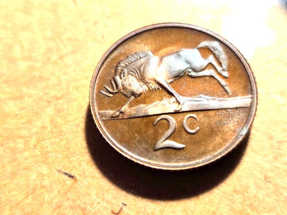 1969 South Africa Proof 2 Cent Coin 22.45MM Black Wildebeast #8344