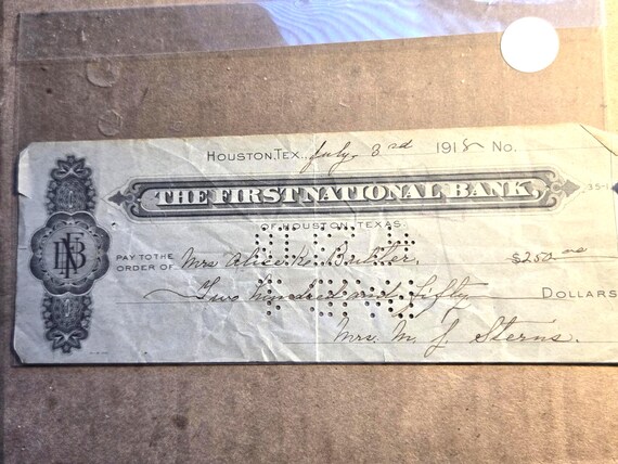 1918 Check First National Bank Houston Texas From California Trust Company Amount In Today's Money? Over 5,000 Dollars