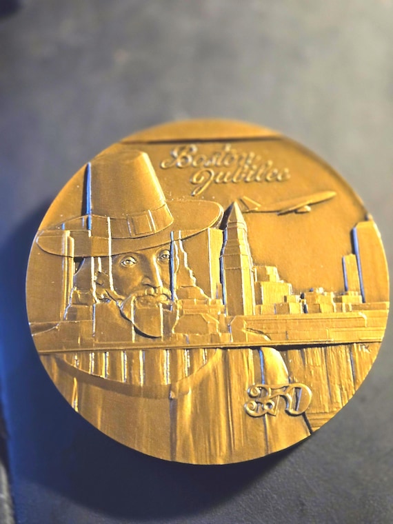 Boston Jubilee 350th Anniversary Bronze Medal 80MM 15 Ounces in Box and with Plexiglass Stand