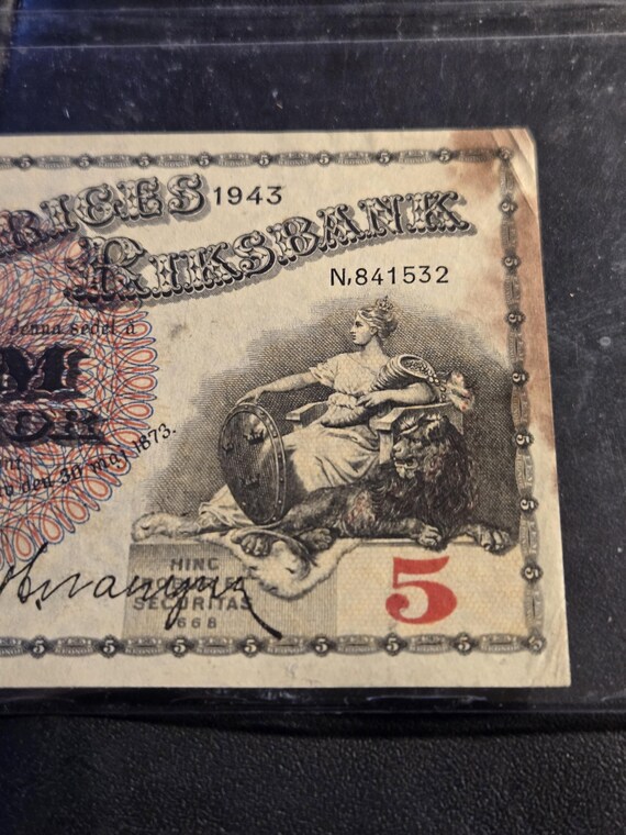 1943 5 Kronor Sweden Banknote