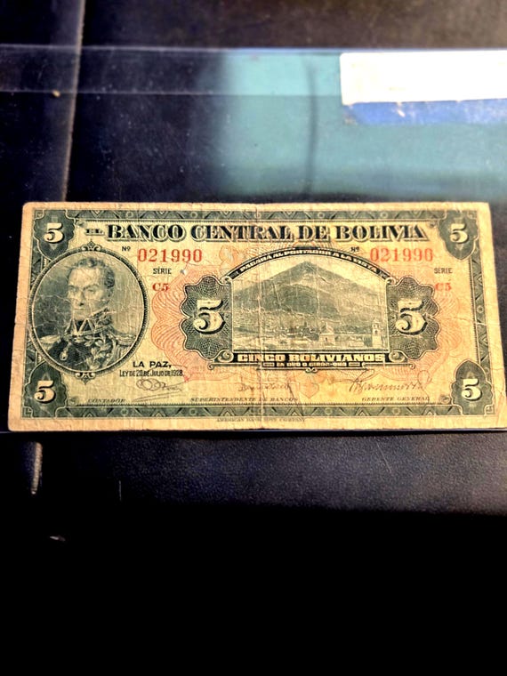 1928 Bolivia 5 Bolivianos Banknote