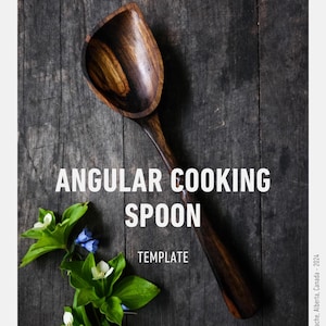 Puede incluir: Una cuchara de cocina de madera marrón oscuro con un mango curvo. La cuchara está sobre una superficie de madera oscura con un pequeño grupo de flores blancas y azules a la izquierda de la cuchara. El texto "ANGULAR COOKING SPOON TEMPLATE" está impreso en blanco sobre la superficie de madera. El texto "Made by Carolanne Joannette-Racine" está impreso en blanco debajo de la cuchara. El texto "Grande Cache, Alberta, Canada - 2024" está impreso en blanco en el lado derecho de la imagen.