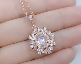 Baby Pink Bridesmaid Necklace Rose Gold Bridal Necklace Art Deco Vintage Style 1920s Romantic Rosaline Bridesmaid Jewelry Pink Pendant