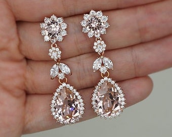 Morganite Earrings Light Pink Bridal Earrings Rose Gold Earrings Swarovski Crystal Jewelry Halo Earrings Earrings Blush Pink Wedding Jewelry