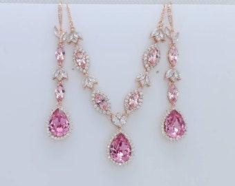 Hot Pink Jewelry Set Rose Gold Necklace and Earrings Sets for Brides Extra Long Teardrop Dangle Earrings Back Drop Necklace Wedding Set