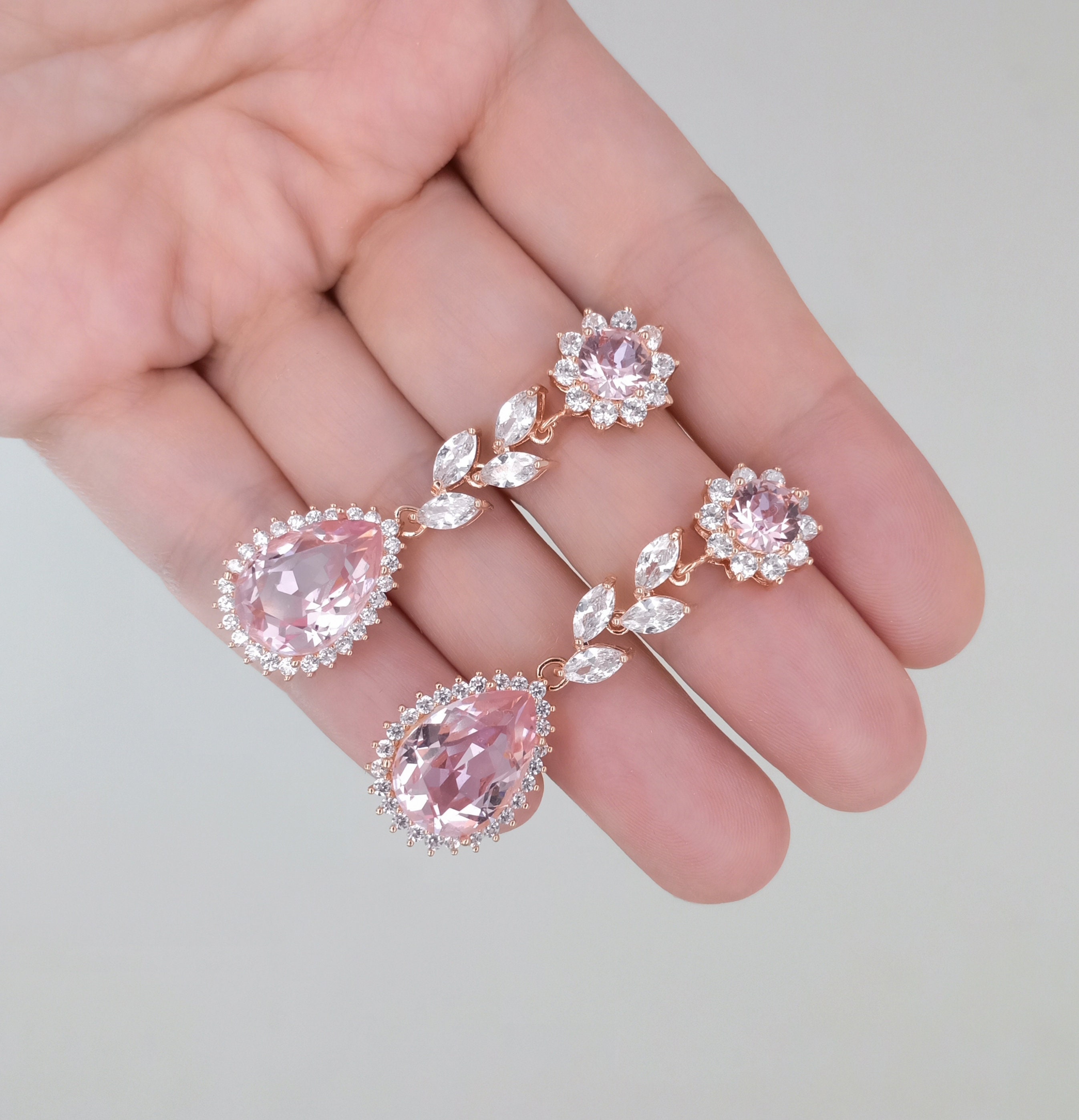 Baby Pink Crystal Drop Chandelier Wedding Earrings Leaf Round Etsy