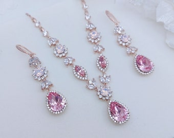 Swarovski Pink Statement Jewelry Set, Rose Gold Y Tear Drop Necklace Extra Long Dangle Earrings Set, Pink Opal Silver Wedding Jewelry Set