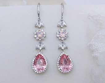 Pink Long Earrings Swarovski Pink Opal Silver Bridal Earrings Baby Pink CZ Dangle Tear Drop Crystal Earrings for Brides, Pink Prom Earrings