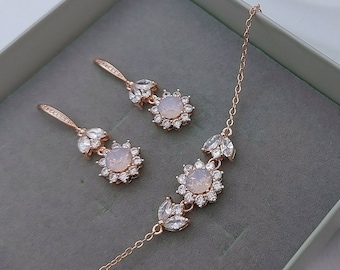 Swarovski Light Pink Opal Bracelet Earrings Jewelry Set, Rose Gold Bridesmaid Earrings Set, Dainty Bridal Jewelry Set