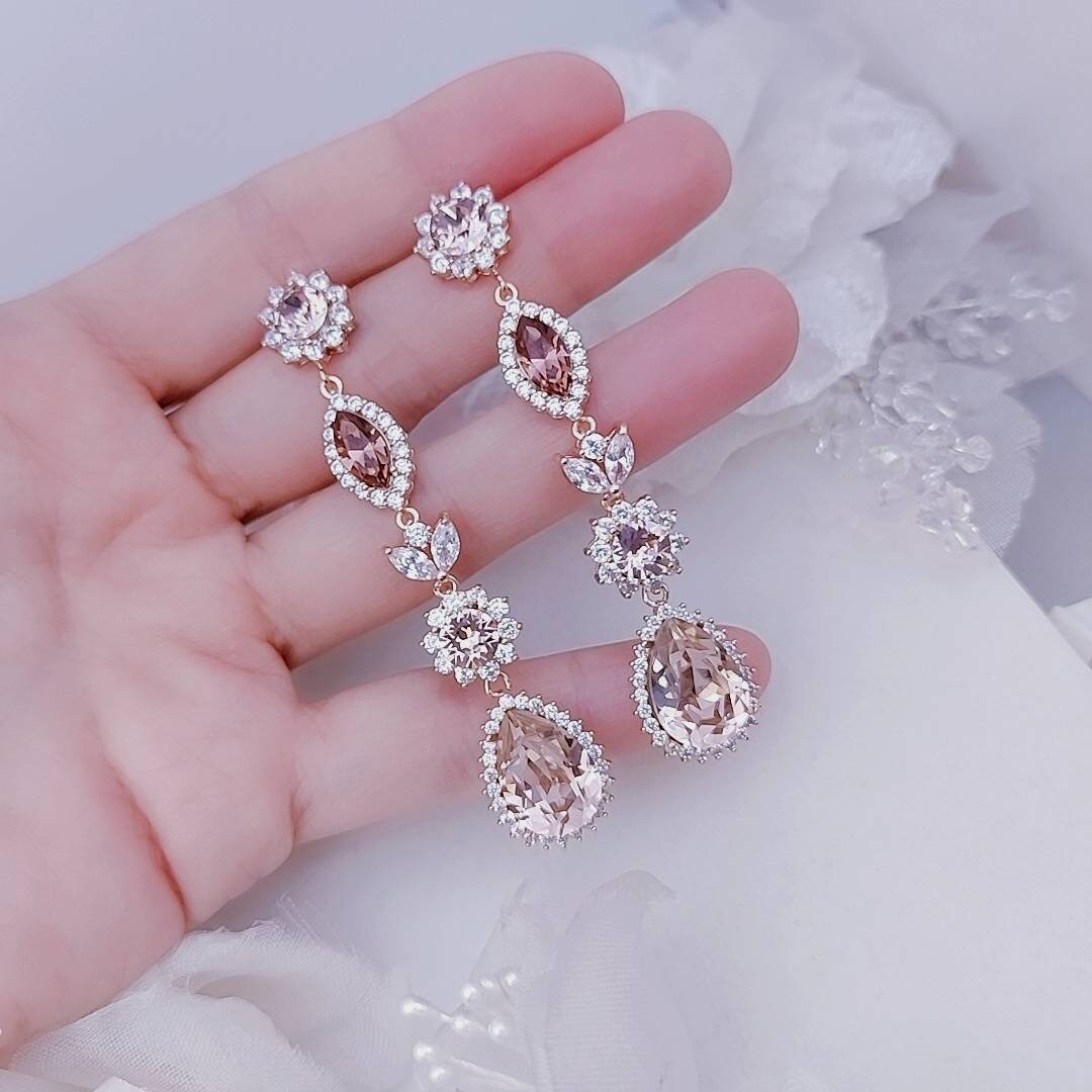 Long Chandelier Earrings Blush Pink Earrings Rose Gold Wedding Earrings