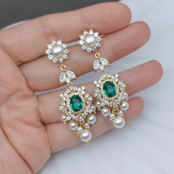 Emerald Green Chandelier Earrings, Gold Emerald Bridal Earrings, Swarovski White Pearl Cluster Earrings, Vintage Style Statement Earrings