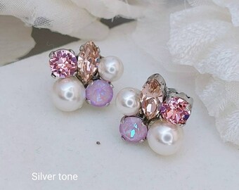 Crystal Clustered Earrings Off White Pearl Stud Earrings Blush Violet Pink Swarovski Crystal Cluster Earrings Bridal Stud Earrings