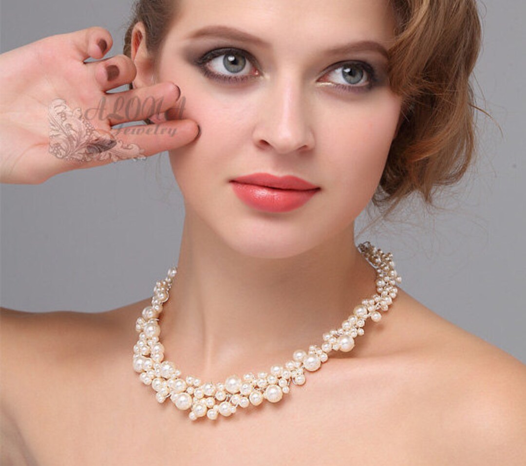 Pearls Bib Necklace Statement Bridal Necklace Wedding Bib Etsy