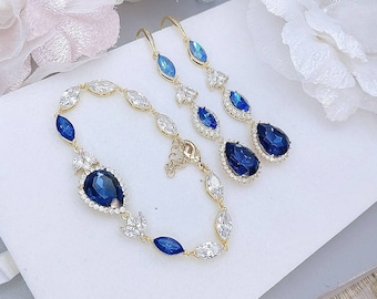 Sapphire Blue Jewelry Set Blue Earrings Bracelet Sets Rose Gold Bridal Jewelry Set Cobalt Blue Jewelry Sets