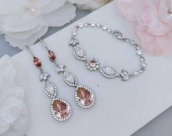 Blush Pink Jewelry Set Blush Earrings Bracelet Sets Rose Gold Bridal Jewelry Set Pink Rhinestone Earrings Swarovski Jewelry Sets