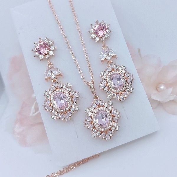 Blush Pink earrings necklace set, Blush wedding Jewelry Set, Yellow Gold Wedding Earrings,Pink Crystal Earrings, Wedding Earrings for Brides