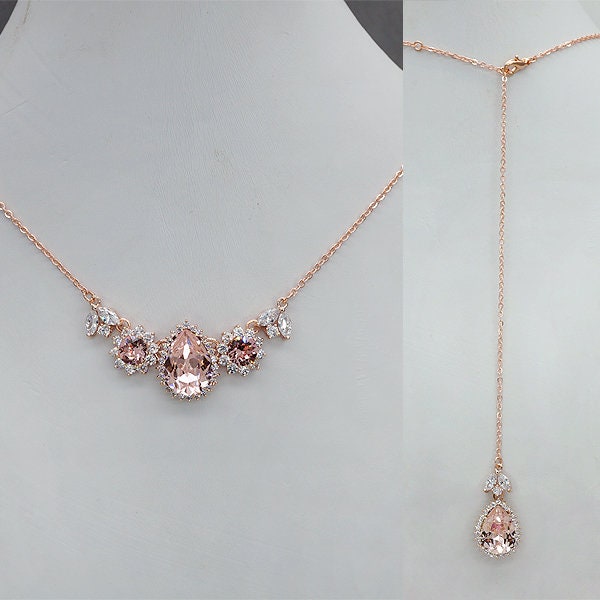 Backdrop Bridal Necklace,  Blush Back Drop Necklace, Crystal Back Wedding Necklace, Vintage Pink Bib Necklace in rose gold and silver