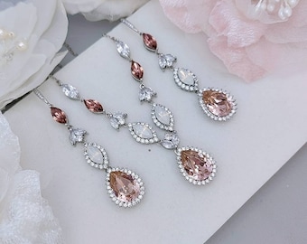 Blush Wedding Jewelry Set Pink Crystal Necklace Earrings Sets  White Opal Bridal Jewelry Set in Rose Gold, Silver