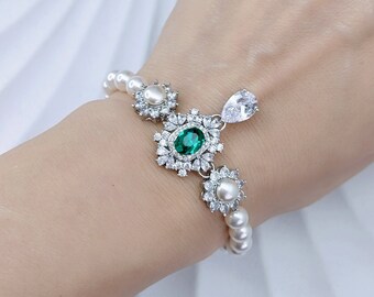 Door de mens gemaakte Crystal Emerald armband met parels, zilveren bruiloft armband voor moeder van de bruid, bruidegom, vintage stijl statement armbanden