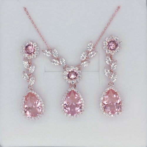 Pink Crystal Necklace Earrings Set Pink Bridal Jewelry - Etsy